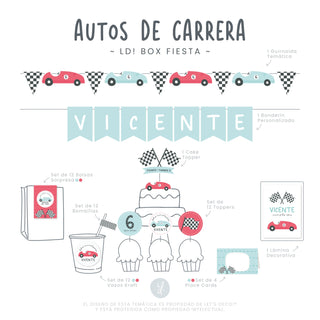 LD! Box Fiesta temática Autos de Carrera con banderín personalizado, guirnalda, cake topper, toppers, vasos, bolsas sorpresa, bombillas, place cards y lámina decorativa.